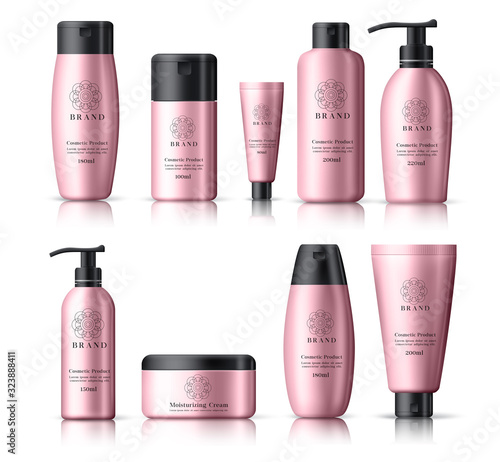 Cosmetics bottles vector set. Cosmetics package collection of mock up pink bottles for lotion, moisturizing and skin care cream for advertising purposes isolated in white background.
