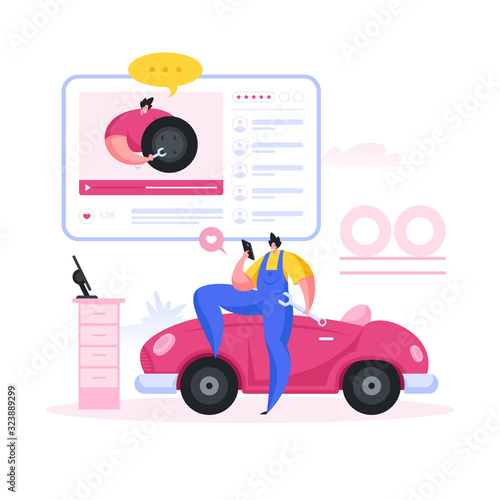 Mechanic watching tutorial video on smartphone. Flat cartoon people vector illustration