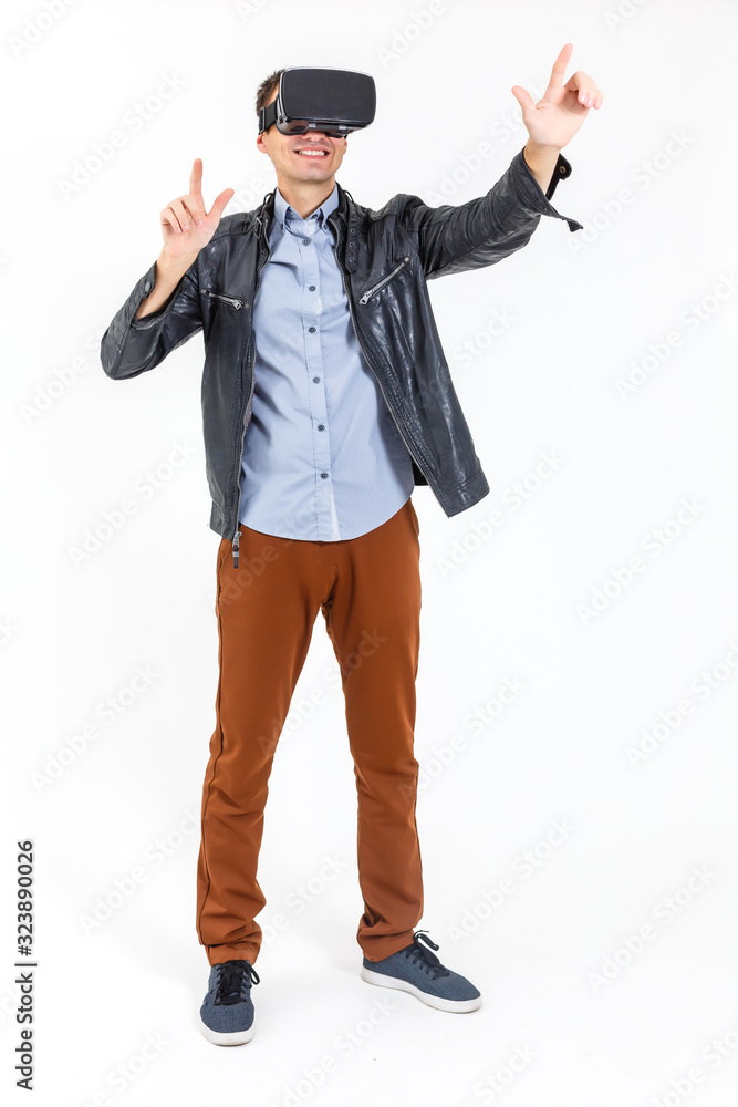 Happy man play vr eyeglasses isolated on white background, great for your design Happy man play vr eyeglasses isolated on white background, great for your design