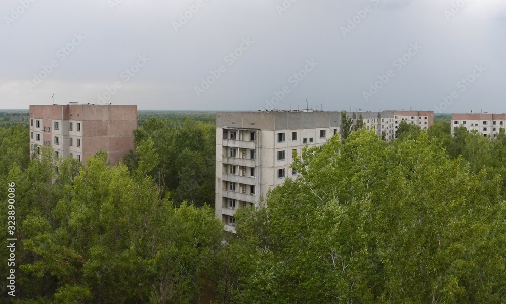 View of the abandoned city of Pripyat, ghost town near the Chernobyl nuclear power plant.