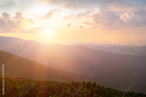 Sunrise  sunset in the Carpathian mountains. Natural background