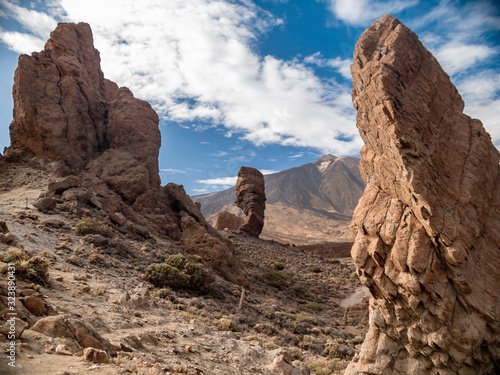 Beautiful panoramic landscape of volcano Teide slope and high volcanic formations after erruption photo