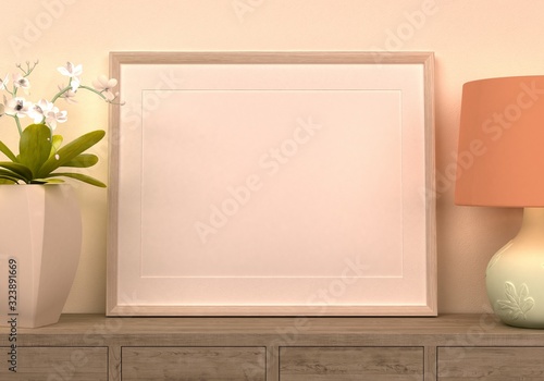 szablon pusta ramka plakatu na tle wnętrza domu zbliżenie na półkę pastelowe kolory rendering 3d