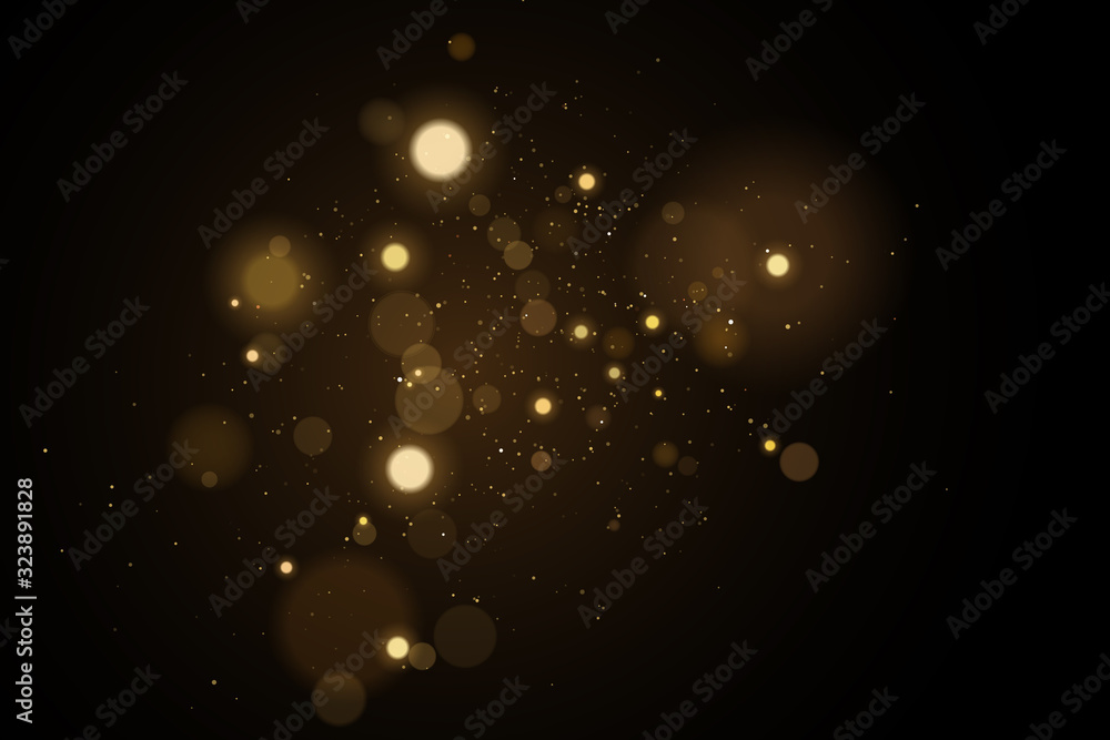 Abstract golden lights bokeh on a black background. Glares with flying glowing particles. Ligh gold effect. Vector illustration