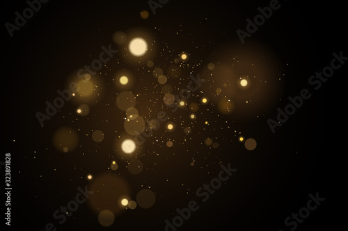 Abstract golden lights bokeh on a black background. Glares with flying glowing particles. Ligh gold effect. Vector illustration