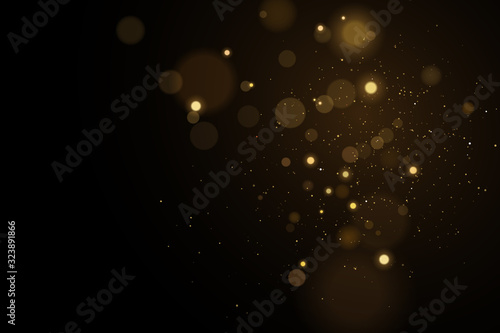 Lights bokeh on a black background. Glares with flying glowing particles. Ligh gold effect. Vector illustration