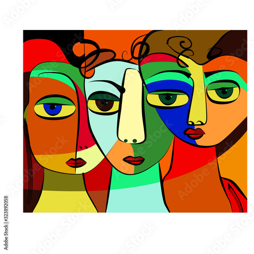 Colorful abstract background, cubism art style, triple portrait