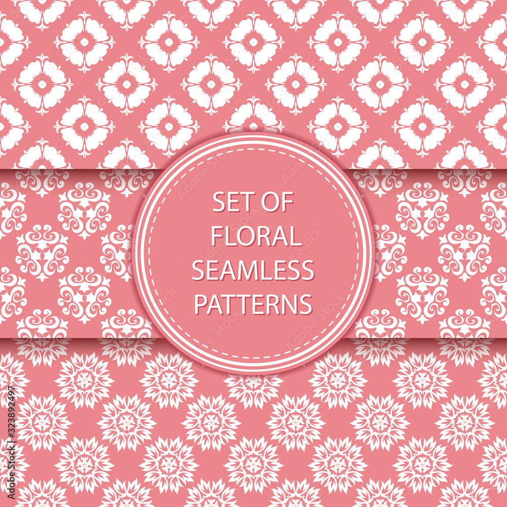 Pink and white floral seamless backgrounds. Compilation of patterns