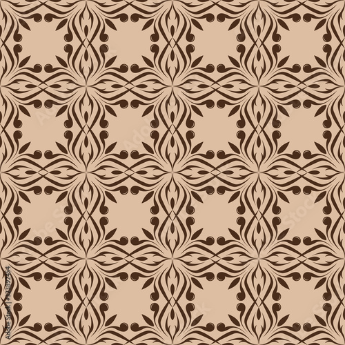 Floral seamless pattern. Brown flowers on beige background