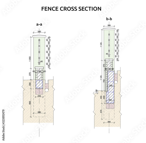 Detailed architectural metal and brick fence plan, layout, blueprint. Vector illustration