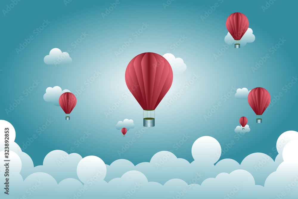 Fototapeta premium Red balloons floating in the blue sky. Green and Clean World Concept.