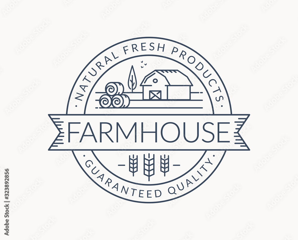 Farm emblem with farmhouse, wheat ear and hay bales.