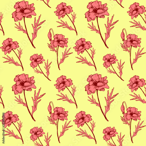 Graphic stylized poppies pattern on a yellow background