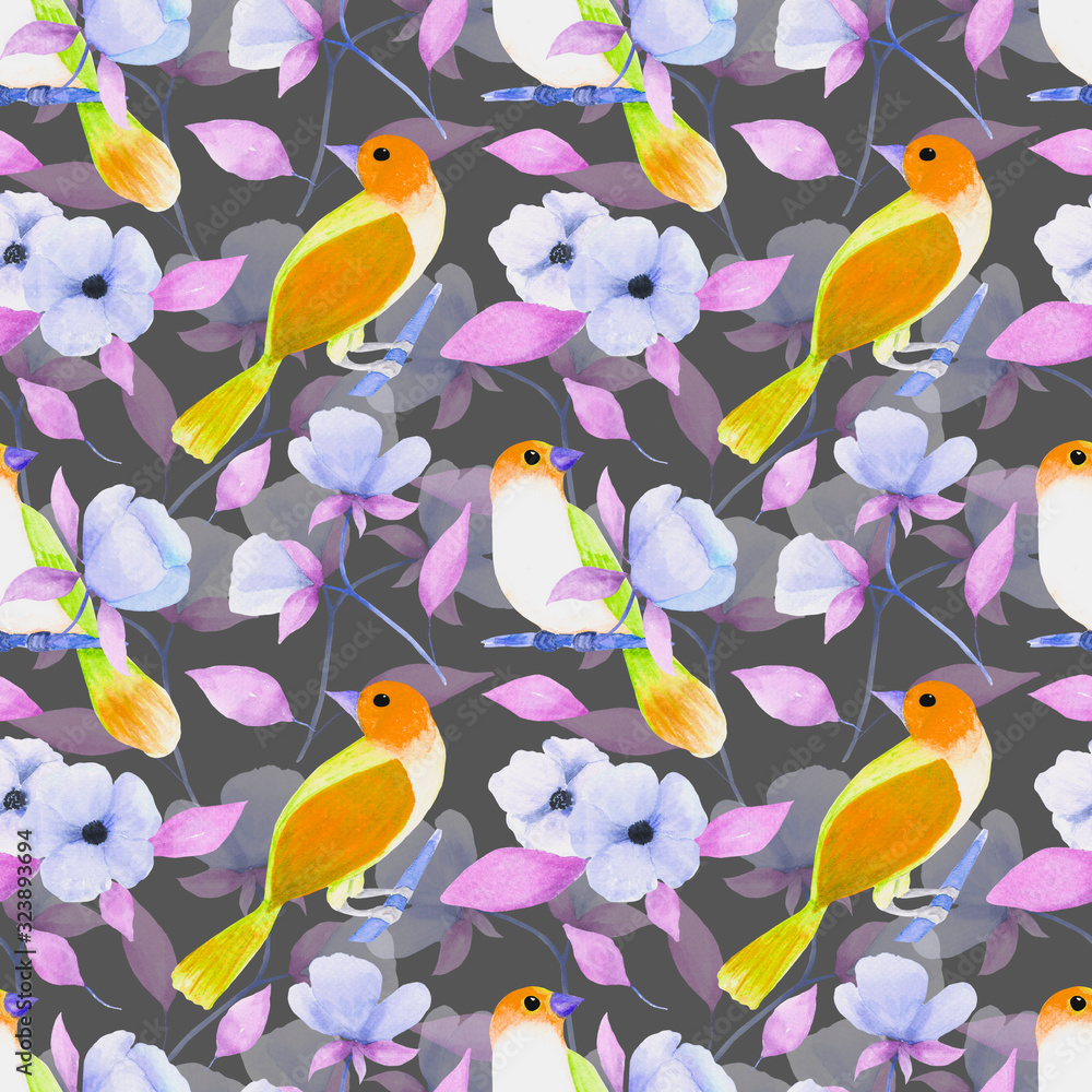 Hand-drawn watercolor bird and flowers on gray background seamless pattern.Botanical spring/summer pattern for fabric,invitations, wrapping paper, cards and other materia Hand-drawn watercolor bird and flowers on gray background seamless pattern.Botanical spring/summer pattern for fabric,invitations, wrapping paper, cards and other materia