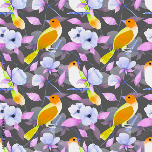 Hand-drawn watercolor bird and flowers on gray background seamless pattern.Botanical spring/summer pattern for fabric,invitations, wrapping paper, cards and other materia © Olga Feliz