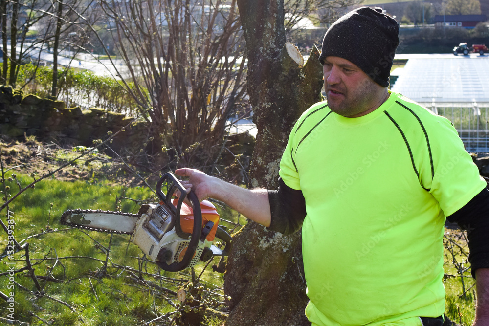 Obraz premium Worker in the garden with a chainsaw. Concept: spring garden work.