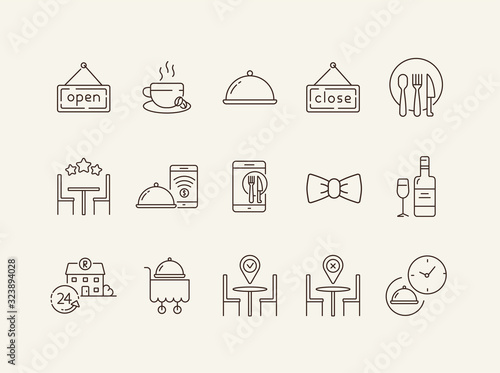 Table reservation line icon set. Dish on cart, catering, location pointer isolated outline sign pack. Restaurant business concept. Vector illustration symbol elements for web design.