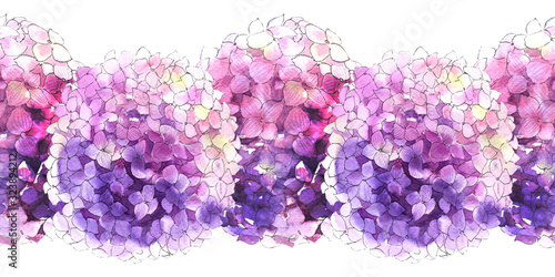 Watercolor seamless borders with blooming branches of hydrangea. Bright inflorescen