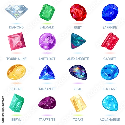 Assortment of jewelry, gem shop. Big vector set with red, yellow, pink, blue, green, purple minerals, gemstones diamond, emerald, ruby, sapphire tourmaline amethyst alexandrite garnet citrine
