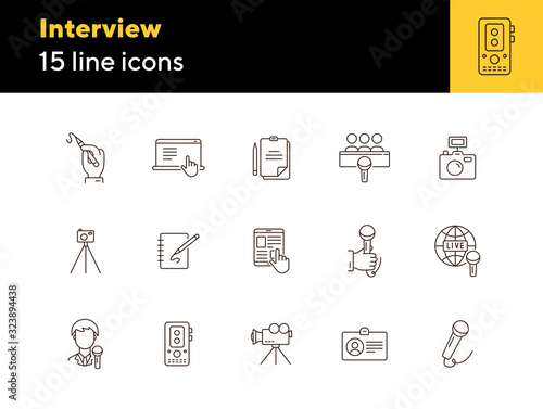 Interview icons. Line icons collection. Article, live broadcasting, press conference. Mass media concept. Vector illustration can be used for topic like communication, journalism, television