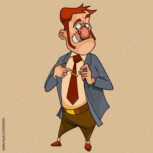 cartoon red haired man in a suit straightens his tie