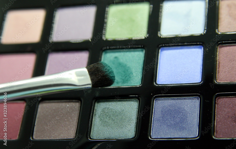 a set of eye shadow in various colors and a brush a set of eye shadow in various colors and a brush