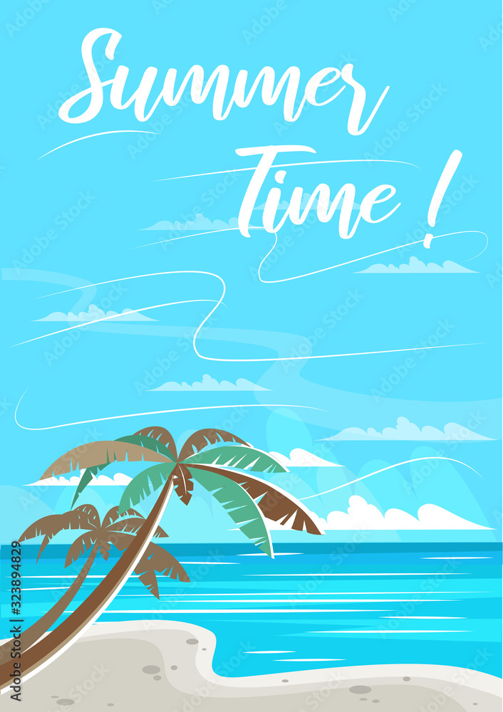 Fototapeta premium Vector illustration. Summer landscape. Beach, ocean, palm trees.