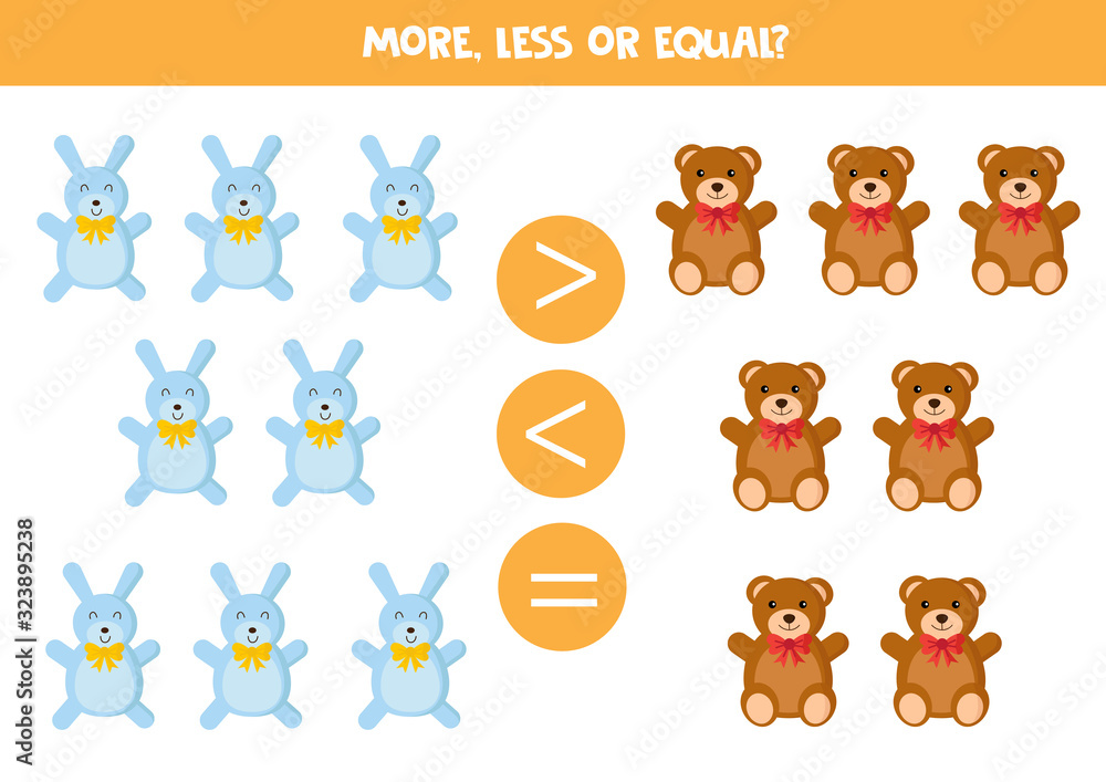 Fototapeta premium More or less. Comparison for kids. Teddy bears and rabbits.