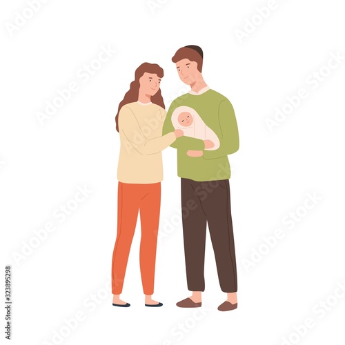 Smiling jewish family with toddler baby isolated on white background