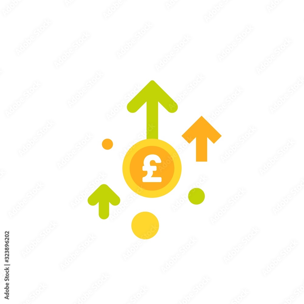 pound sterling growth vector icon. gold dollar coin with three up arrows. Flat icon. Isolated on white. pound sterling growth vector icon. gold dollar coin with three up arrows. Flat icon. Isolated on white.