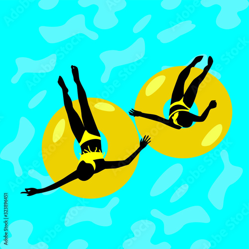 water Park, girls on circles, stylized vector silhouette graphics