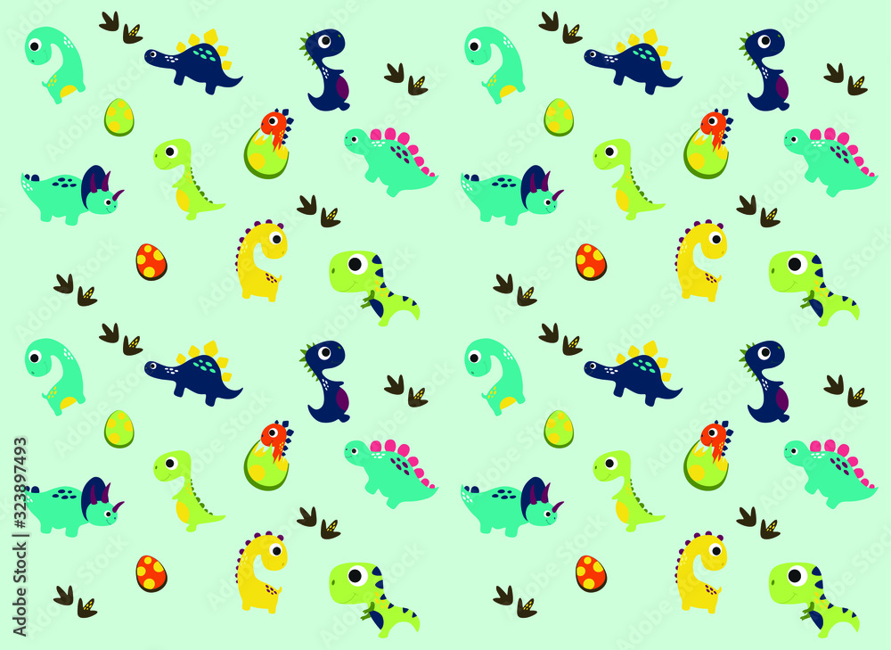 Dinosaurs Vector  pattern on a blue background. Children's illustration in a funny cartoon style. Scandinavian hand-drawn background is ideal for children's clothing, textiles, wallpaper, etc