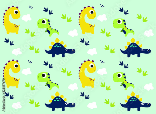 Dinosaurs Vector  pattern on a blue background. Children's illustration in a funny cartoon style. Scandinavian hand-drawn background is ideal for children's clothing, textiles, wallpaper, etc