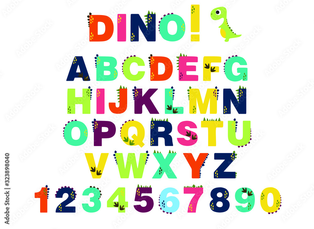 alphabet for children. Kids learning material. Card for learning alphabet and numbers. color alphabet with dinosaurs