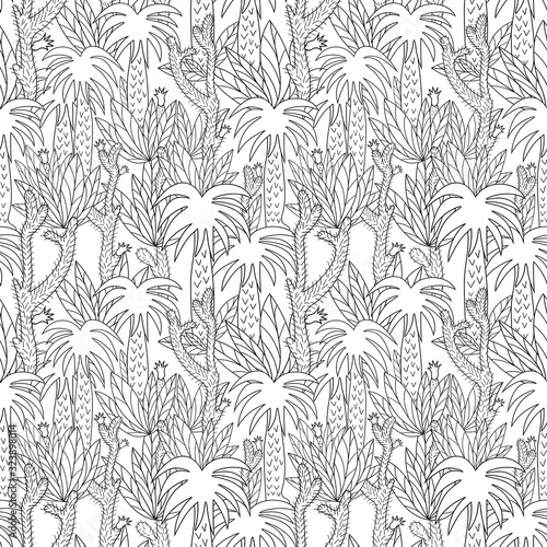 Abstract jungle. Seamless pattern. Hand drawing. Coloring book.