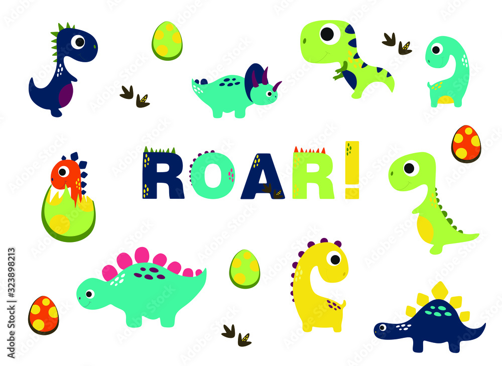 Naklejka premium Roar dinosaur. Vector funny lettering quote with dino icon, scandinavian hand drawn illustration for greeting card, t shirt, print, stickers, posters design.