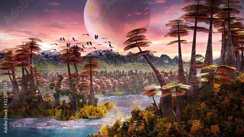 Valokuva alien planet landscape, beautiful forest the surface of an exoplanet
