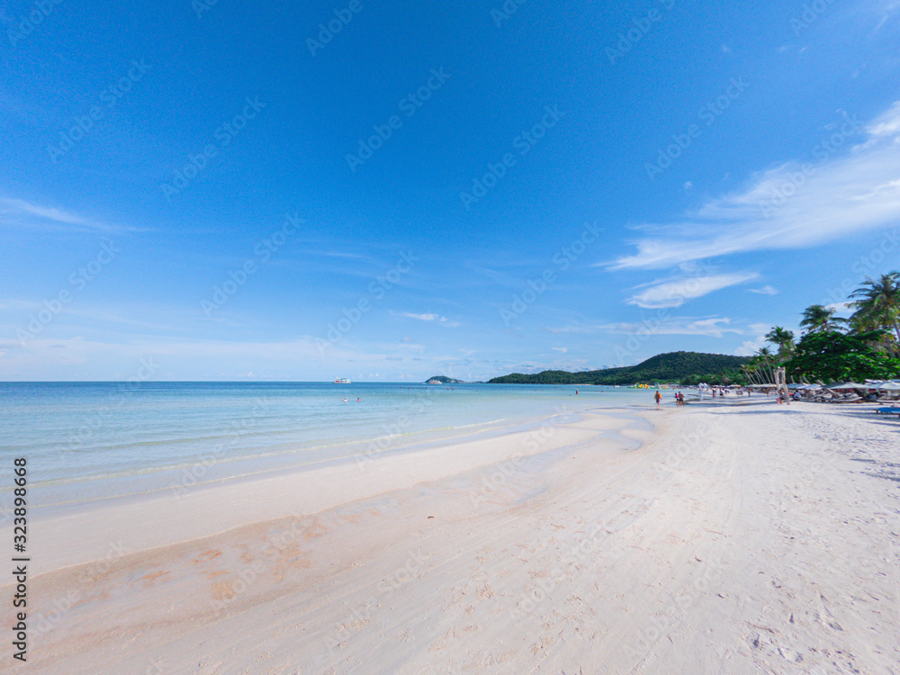 Beautiful tropical beach with white sand, turquoise ocean on background blue sky with clouds on sunny summer day. Palm tree leaned over water. Perfect landscape for relaxing vacation, Phu Quoc