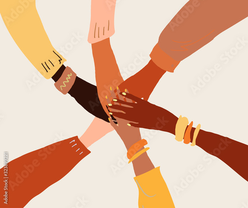 llustration of a people's hands with different skin color together holding each other. Race equality, feminism, tolerance art in minimal style.
