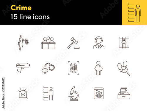 Crime line icon set. Themis statue, judge gavel, fingerprint. Justice concept. Can be used for topics like court, trial, investigation, evidence
