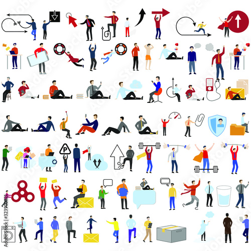Set of 73 flat cartoon characters and icons. Various subjects, entertainment, finance, technology