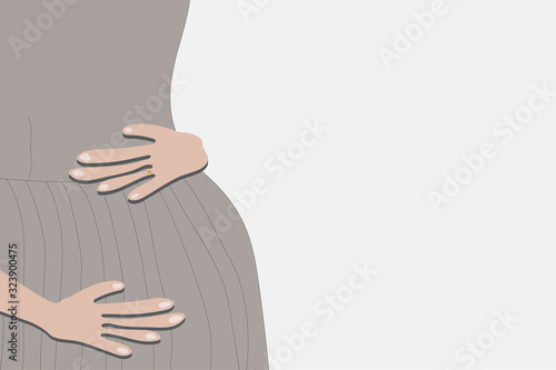 Close Up vector illustration of pregnant woman in grey dress isolated on light background. Future mother hugs her belly - vector illustration. Belly of a pregnant woman with hands over tummy.