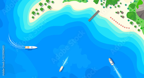 sandy island beach wooden pier sailing boats in sea top aerial view vector illustration
