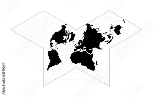 EPS10 Vector World Map. Gnomonic butterfly projection. Plane world geographical map with graticule lines. Vector illustration.