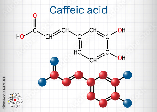 Caffeic acid, C9H8O4 molecule. It is hydroxycinnamic acid with antioxidant, anti-inflammatory, antineoplastic activities, is a key intermediate in the biosynthesis of lignin. Sheet of paper in a cage