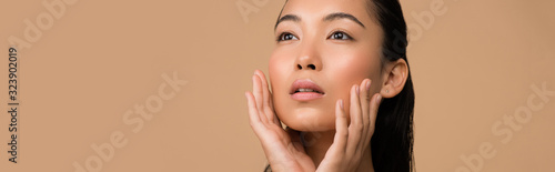 beautiful asian girl touching face and looking away isolated on beige, panoramic shot