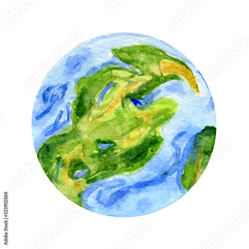 Blue planet earth on a white background. Children's watercolor illustration. Space object.