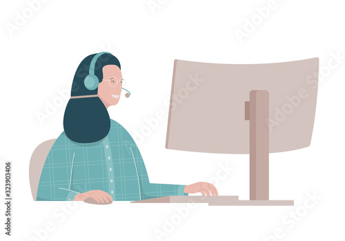 Flat illustration with woman working in call centre.