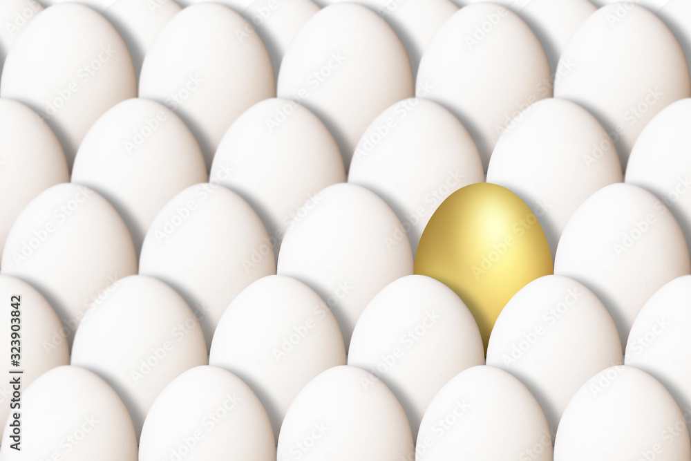 Golden egg standing out from the crowd, white chicken eggs with one golden egg Golden egg standing out from the crowd, white chicken eggs with one golden egg