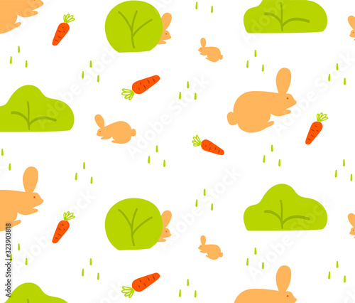 Childish seamless pattern with bunnies looking for carrots